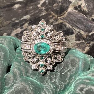 Emerald Cocktail Silver Ring 7